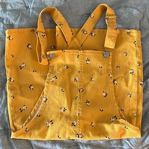LOVE FIRE Overall Dress, M, Yellow, Floral, Bib front, Pockets, Racerback straps